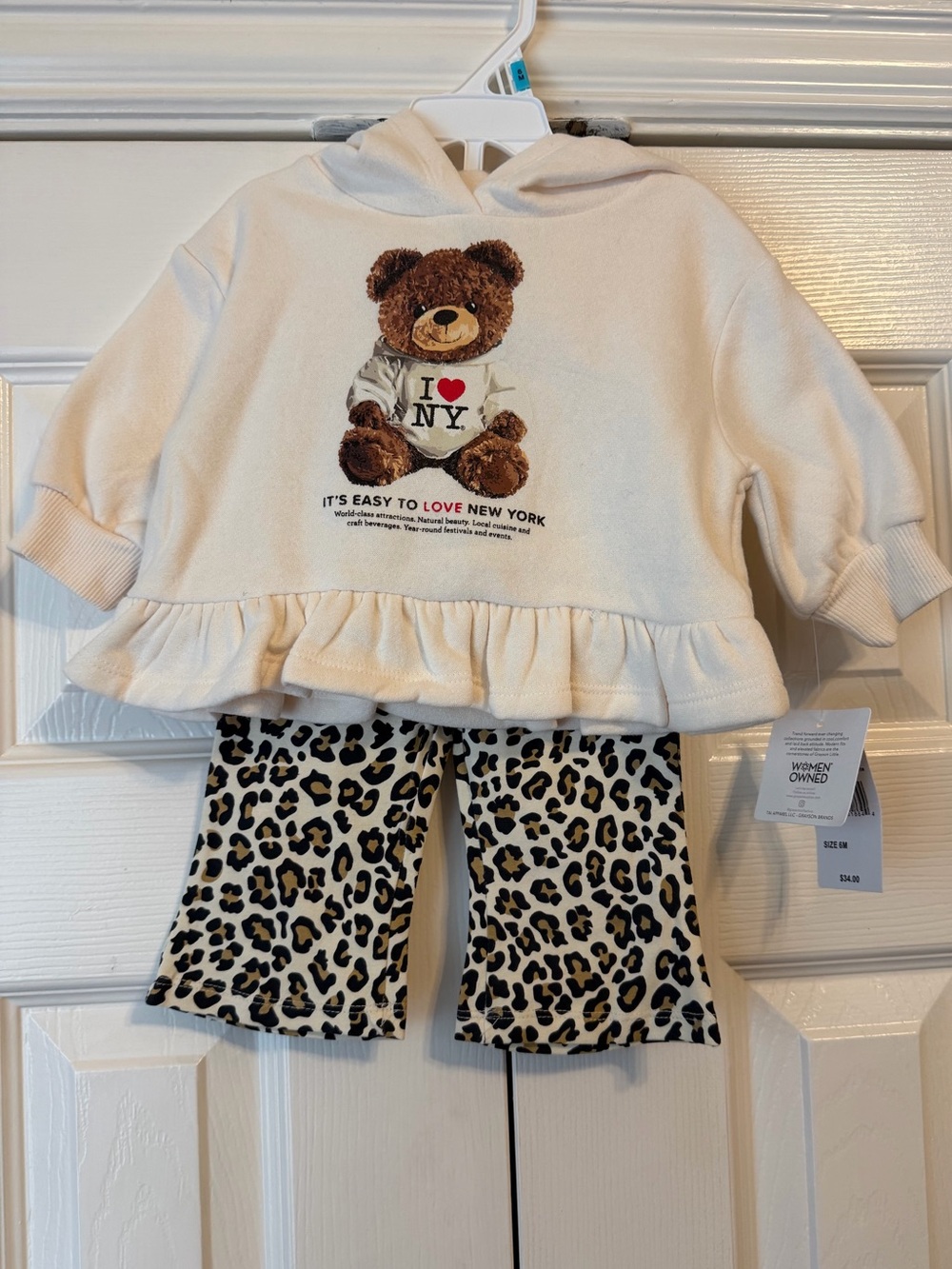 Cream Teddy Bear Hoodie Top with Leopard Print Pants- I <3 NY